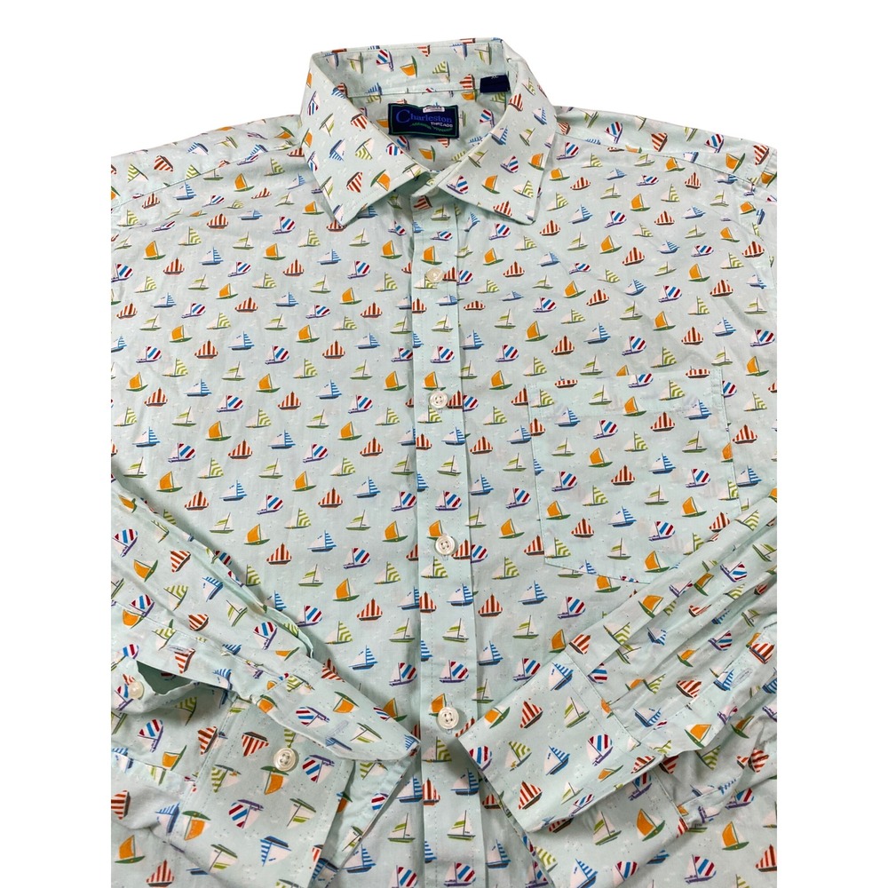 Charleston Threads Mens XL Sailboat Print Cotton Button Down Shirt‎ Mint Green